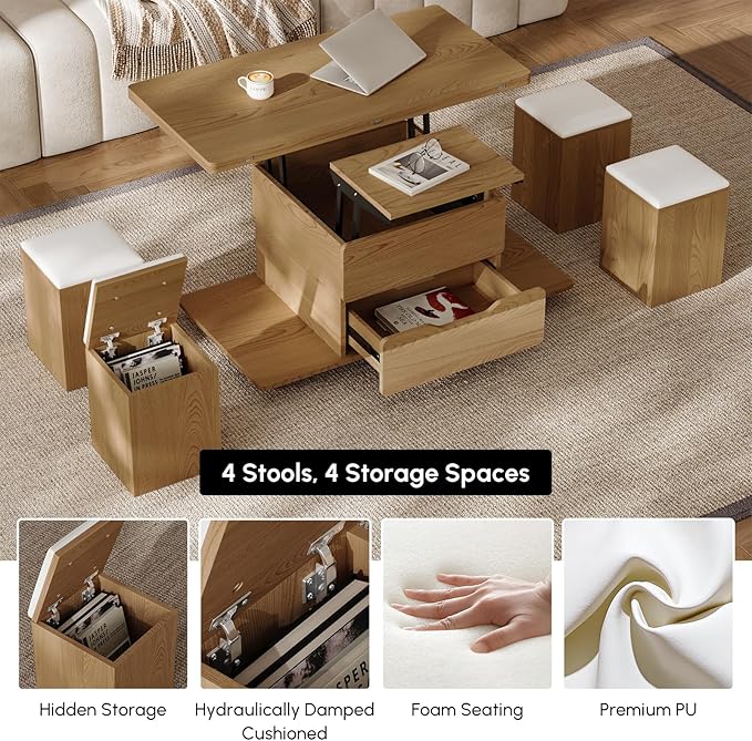 homary Natural Lift Top Coffee Table with Hidden Storage, 3 in 1 Multi-Function Modern Folding Center Table with 4 Stools and Casters
