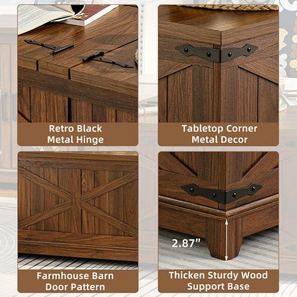 Farmhouse Coffee Table with Hidden Storage Space, Wood Square Large Center Table for Living Room, Farm House Rustic Brown Retro Coffee Tables with Hinged Lift Top for Meeting Room, Home