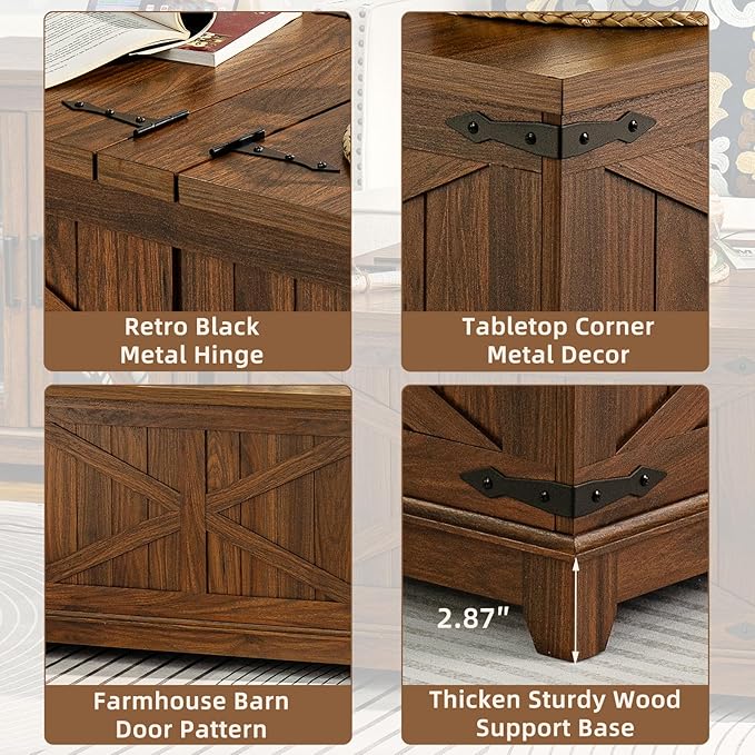 Farmhouse Coffee Table with Hidden Storage Space, Wood Square Large Center Table for Living Room, Farm House Rustic Brown Retro Coffee Tables with Hinged Lift Top for Meeting Room, Home