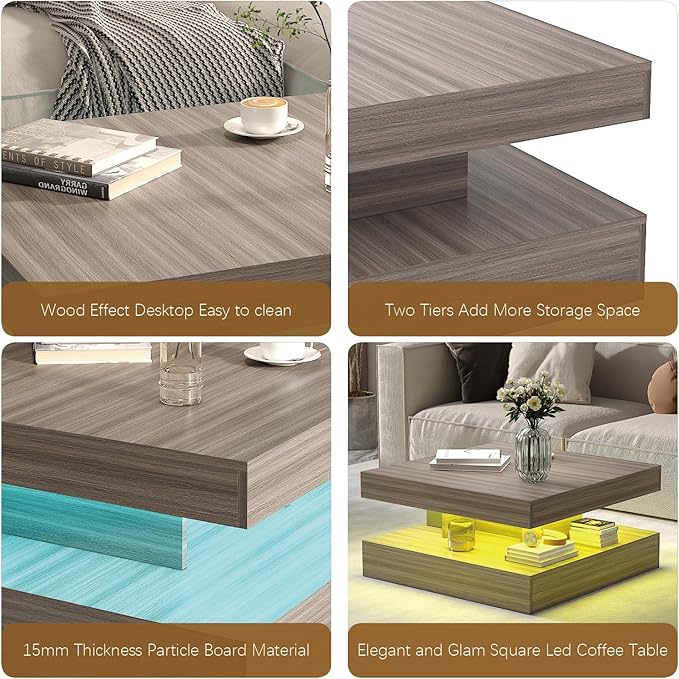 LED Coffee Table for Living Room, Living Room Table 2-Tier Square Middle Center Table, Modern Coffee Tables with Storage, Contemporary Wood Tea Tables for Dining Reception, Grey Wood