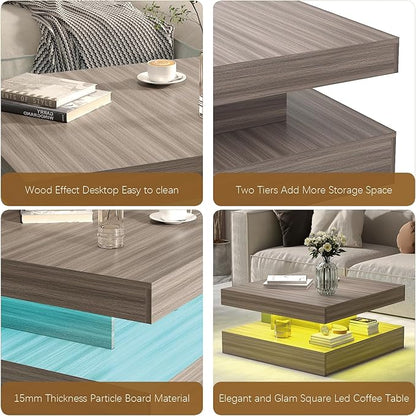 LED Coffee Table for Living Room, Living Room Table 2-Tier Square Middle Center Table, Modern Coffee Tables with Storage, Contemporary Wood Tea Tables for Dining Reception, Grey Wood