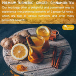 Load image into Gallery viewer, 60 Bags Premium Turmeric Ginger Cinnamon Tea, Improve Digestion, Support Brain, Weight, Skin and Sleep, Eco-Conscious Tea Bags and Premium Natural Ingredients. Turmeric Ginger Herbal Tea. No Sugar, No Caffeine, No Gluten, Vegan.