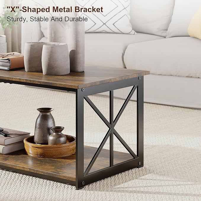 Rectangle Coffee Table for Living Room, Wood Rustic Coffee Table with 2 Tier and Metal Frame, Industrial Modern Center Table, Rustic Brown