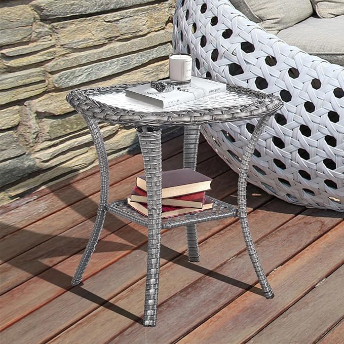 Patio Wicker Side Table, Outdoor PE Rattan End Table with 5mm Tempered Glass Top and 2-Tier Storage Shelf, 20" Square Coffee Table for Deck Porch Garden Backyard-Grey