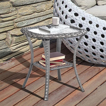 Patio Wicker Side Table, Outdoor PE Rattan End Table with 5mm Tempered Glass Top and 2-Tier Storage Shelf, 20" Square Coffee Table for Deck Porch Garden Backyard-Grey