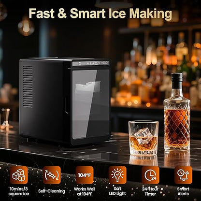 HEYNEMO Clear Ice Maker – Compact Countertop Ice Machine with 1.6" Square Ice Cubes, Fast 10-Min Ice Production, Self-Cleaning,LED Light & Timer，Portable Electric Ice Maker for Kitchen, Bar, RV, Black
