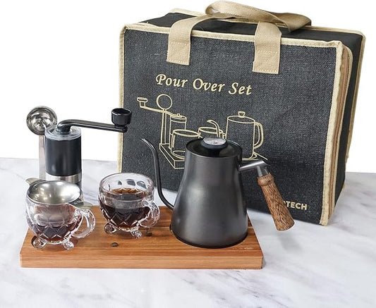 SOTECH Pour Over Coffee Maker Set Chinese Tea Set Wooden Storage Tray Coffee Dripper Glass Server Coffee Scoop DIY Manual Pour Over Kit Black(Portable Natural Jute Bag Set)
