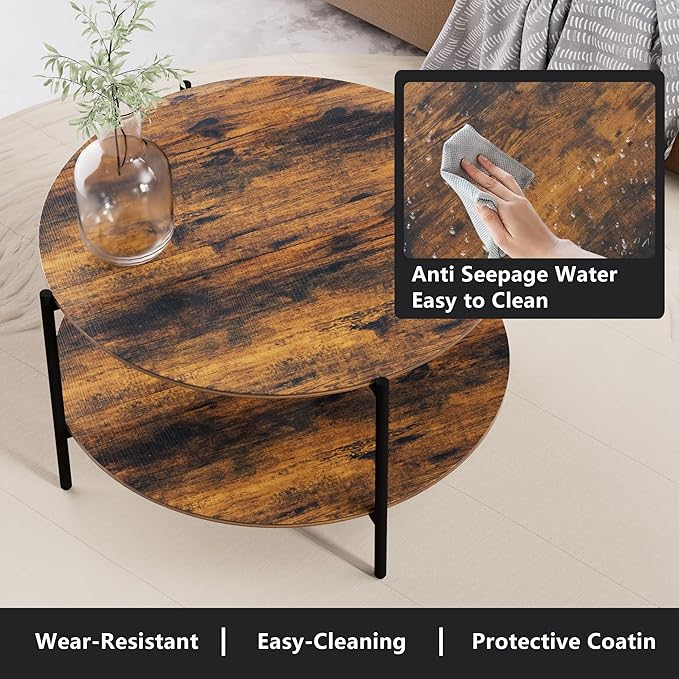 Round Coffee Table, 2-Tier 32.9" Circle Coffee Tables with Storage Wood Rustic Farmhouse Center Circular Coffee Table for Living Room Bedroom Balcony Office - Walnut