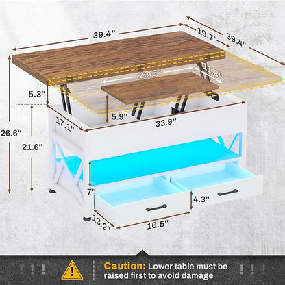 Itaar 40" Lift Top Coffee Table, 4 in 1 White Coffee Tables with Storage for Living Room, Small Coffee Table with 2 Drawers & LED Light for Dining Room, White and Rustic Brown