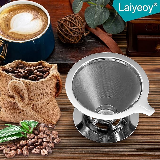 Pour Over Coffee Dripper, Slow Drip Paperless Coffee Filter, Stainless Steel Pour Over Coffee Maker for Single Cup Brew, Double Mesh Design of Manual Reusable Cone Filter.