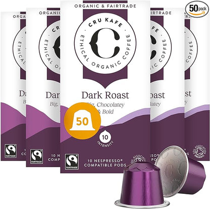 Cru Kafe Dark Roast USDA Organic Espresso Coffee Capsules (50 Pods) Fairtrade Coffee Pods Compatible with Nespresso Original Line and Pixie Machines