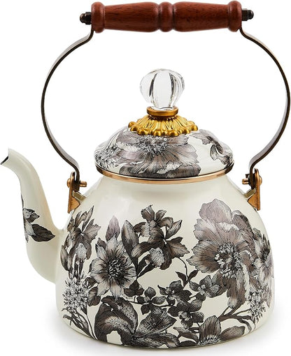 MACKENZIE-CHILDS 2-Quart Enamel Tea Kettle, Cute Tea Kettle for Stovetop, Sterling English Garden