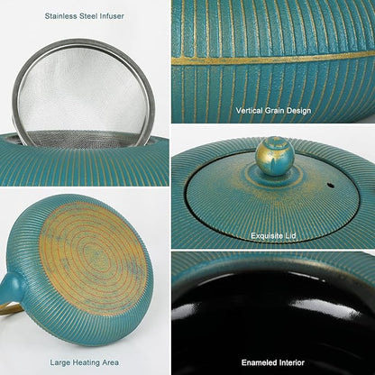 Green Cast Iron Teapot Large Capacity 40oz/1200ml with Infuser for Loose Leaf Stovetop Safe Vertical Stripe Flat Tea Kettle, Enameled Interior