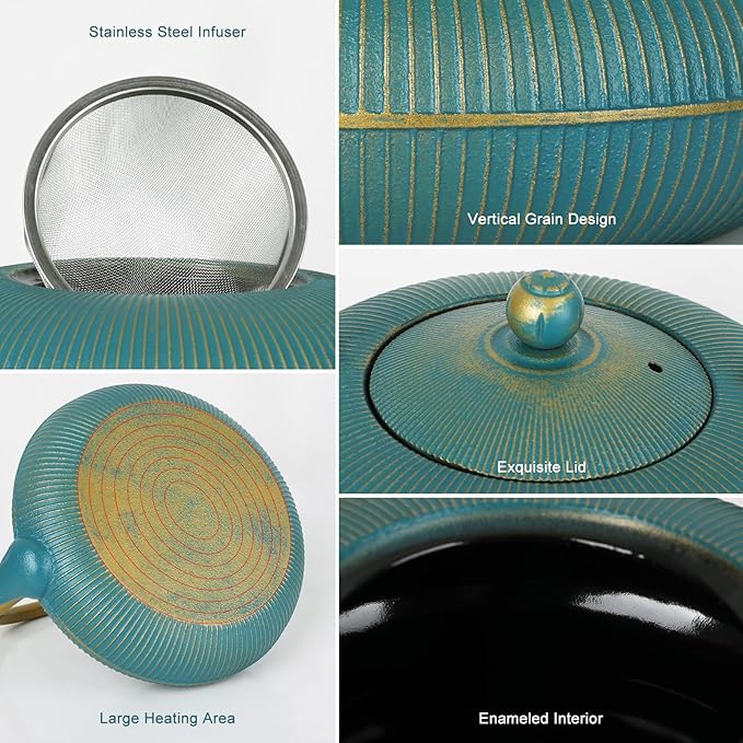 Green Cast Iron Teapot Large Capacity 40oz/1200ml with Infuser for Loose Leaf Stovetop Safe Vertical Stripe Flat Tea Kettle, Enameled Interior