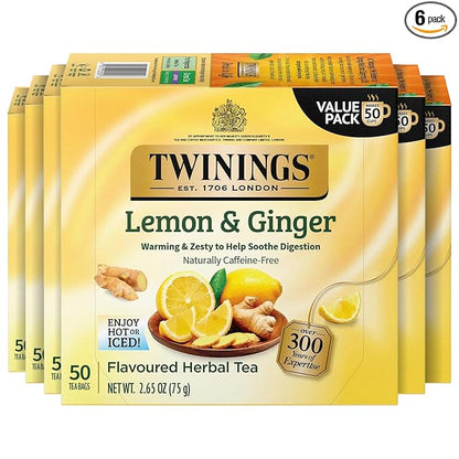 Twinings Lemon & Ginger Herbal Tea Individually Wrapped Bags, 50 Count (Pack of 6), Tangy Lemon & Spicy Ginger, Naturally Caffeine-Free, Enjoy Hot or Iced, 300 Teabags