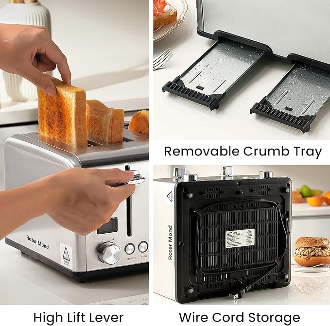 Roter Mond Countdown Stainless Steel 4 Slice Toaster with Bagel, Defrost, Cancel Function, Dual Toaster, Extra Wide Slots, 6 Shade Settings, Removable Crumb Trays, 1650W