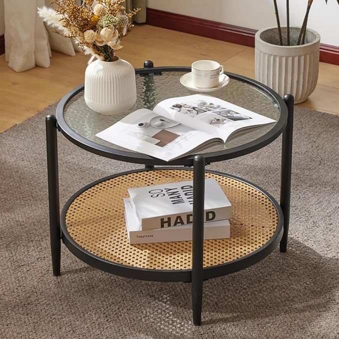 VINGLI 25.6" Black Rattan Coffee Table, Round Water-Wave Glass Metal Center Table, Modern Coffee Table with 2-Tier Storage, Farmhouse Circular Coffee Table for Living Room and Small Space