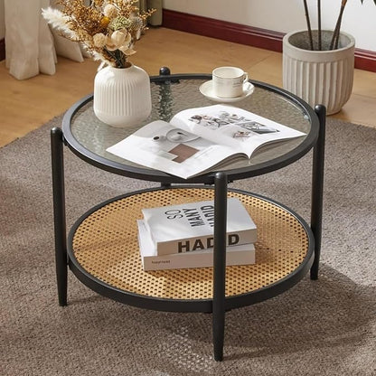 VINGLI 25.6" Black Rattan Coffee Table, Round Water-Wave Glass Metal Center Table, Modern Coffee Table with 2-Tier Storage, Farmhouse Circular Coffee Table for Living Room and Small Space