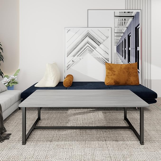 Farmhouse Coffee Table Rectangular Center Table for Living Room Table Wooden Tabletop with Metal Frame,Mid Century Modern Design,Easy Assembly,Wood Coffee Table,Grey