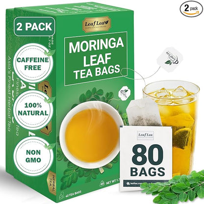 LeafLea 80 Moringa Tea Bags, Premium Moringa Leaf Herbal Tea for Digestive Support and Daily Wellness, Made from Natural Leaves, Caffeine-Free, Non-GMO, Sugar-Free