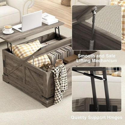 Coffee Table with Storage, 31.5" W Farmhouse Lift Top Wood Square Center Table with Charging Station, Rustic Cocktail Tables with Flip Top Lids for Living Room, Home Office, Grey