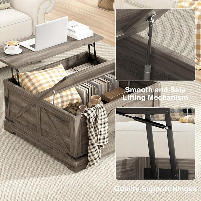 Coffee Table with Storage, 35.4" W Farmhouse Lift Top Wood Square Center Table with Charging Station, Rustic Cocktail Tables with Flip Top Lids for Living Room, Home Office, Grey