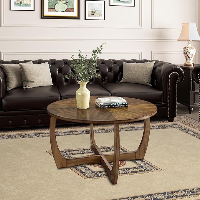 Round Coffee Table for Living Room, Soild Wood Walunt Center Coffee Tables with Cross Legs,33.5” Mid-Century Circular Cocktail Tables, Easy Assembly, Rustic Brown KFZ3223