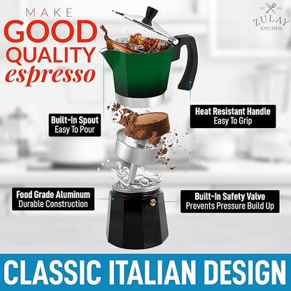 Zulay Kitchen Stovetop Espresso Maker - Moka Pot 6 Espresso Cups - Percolator Coffee Maker for Classic Cuban & Italian Style Espresso - Portable Coffee Maker for Camping & Travel - (Green/Black)