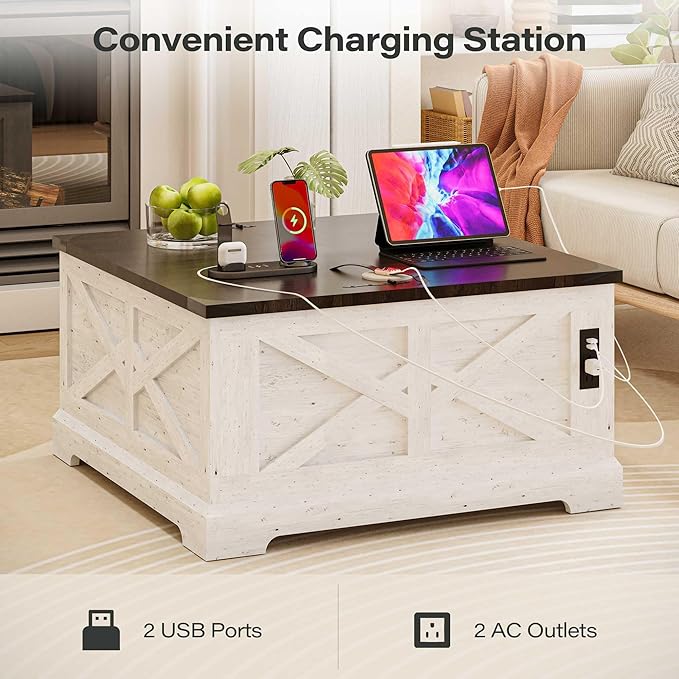 LAUSAINT HOME Farmhouse Lift-Top Coffee Table with Large Hidden Storage Compartment, Wood Square Center Table with Lifting Top for Living Room, Home Office, White