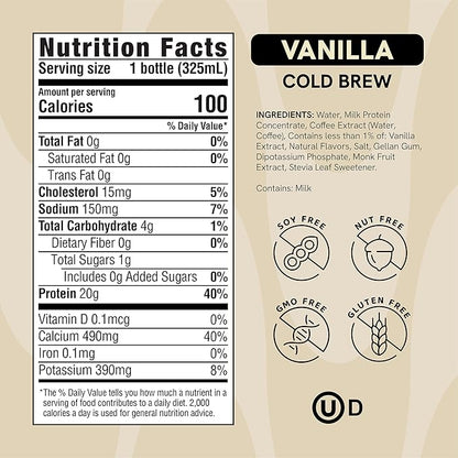 Protein Coffee - Real Cold Brew with Creamy Vanilla - 20g Ready To Drink Protein - 1g Sugar - 100 Calories - No Added Sugar, 99% Lactose Free Keto Friendly Proffee - 11 FL OZ - 12pk Vanilla