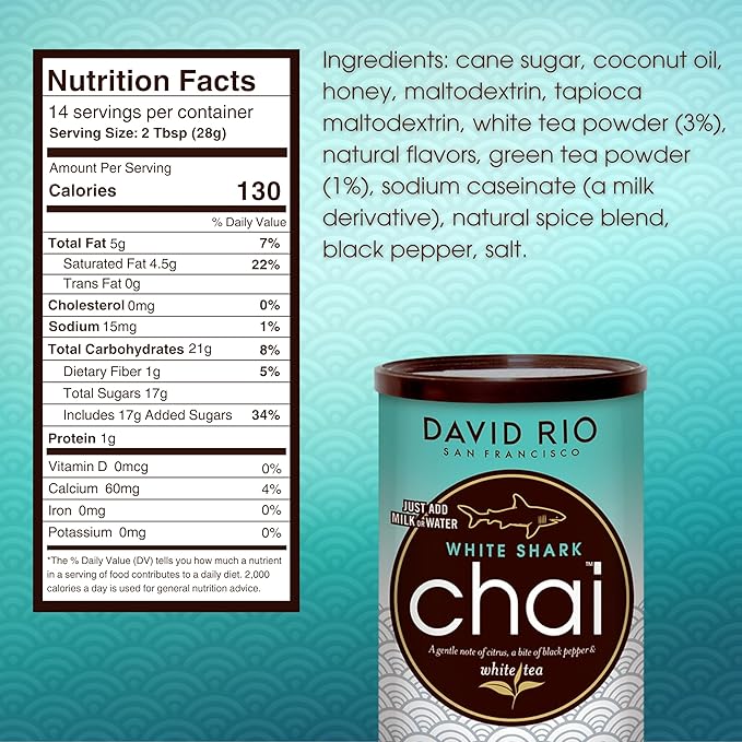 White Shark Chai Tea Latte Mix, 14 Oz, White Tea, Organic Spices, Dairy Free, Serve Hot or Cold, Just Add Water or Milk, 14 Servings