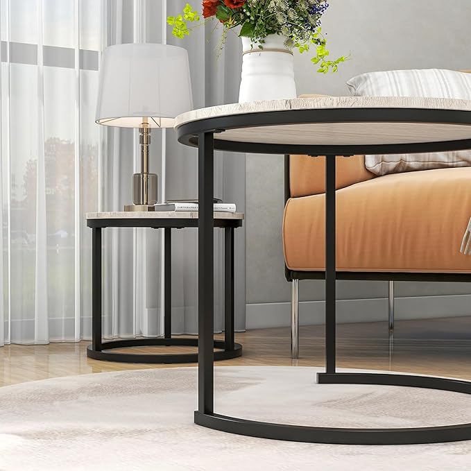 Round Coffee Table Set of 2 for Living Room,Black Small Coffee Table Living Room Table,Nesting Tables Metal Frame/Wood,Sturdy and Easy Assembly,Stacking Side Tables Bedroom,White Oak