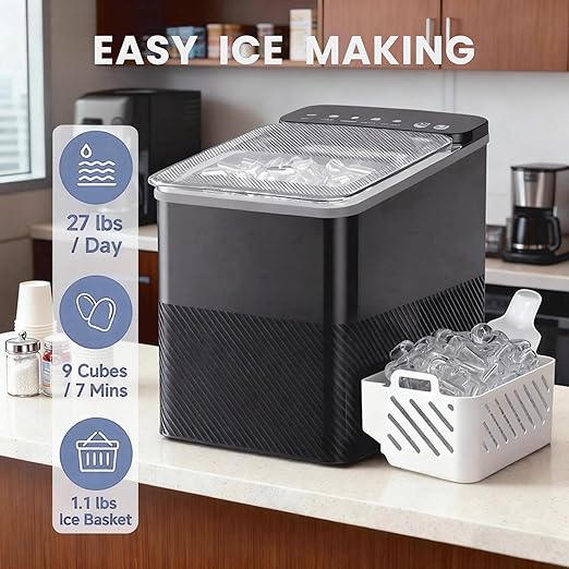 Countertop Ice Maker, 9 Bullet Ice in Just 6 Mins, 27 lbs Daily Output, Ice Machine with Ice Scoop and Basket, 2 Ice Sizes, Self-Cleaning, Ideal for Home/Kitchen/Office/Bar