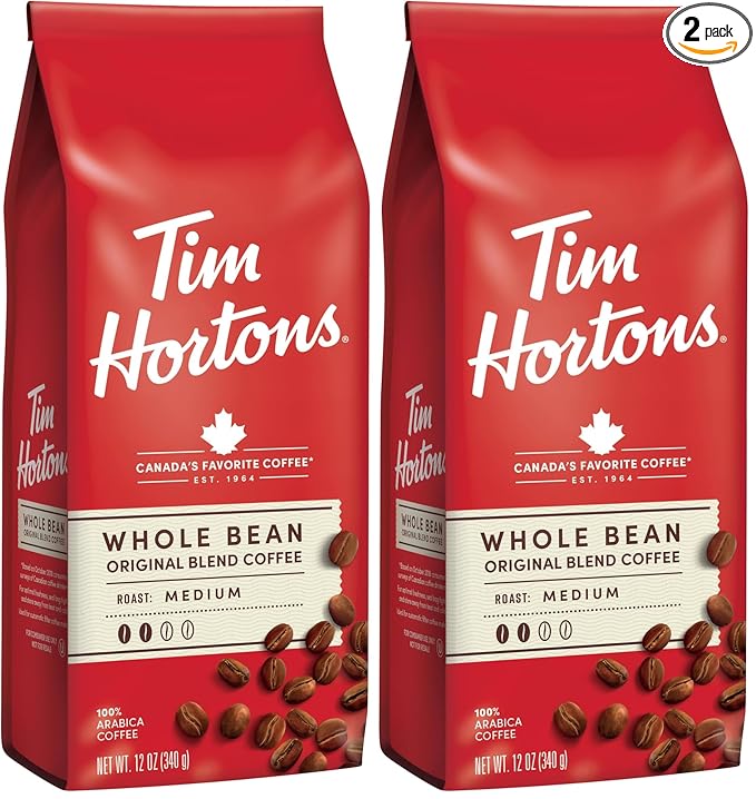 Tim Hortons Whole Bean Original, Medium Roast Coffee, Made with 100% Arabica Beans, 32 Ounce Bag (Pack of 2)