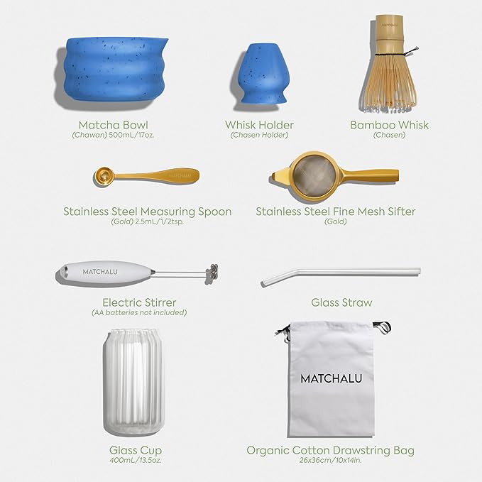 Premium 9 Piece Matcha Set With Ceramic Matcha Bowl, Bamboo Whisk & Holder, Stainless Steel Spoon & Sifter, Glass Cup & Straw, Electric Frother, Storage Bag - Gift for Matcha Lovers (Blue)