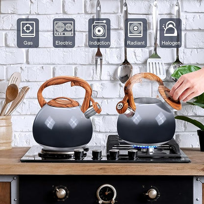 GGC Tea Kettle for Stove Top, 3.1QT/3L Whistling Tea Kettles for Boiling Water Coffee or Milk, Grey&Black Gradient kettle Pot with Wood Parttern Handle, Stainless Steel Pot for Home and Kitchen