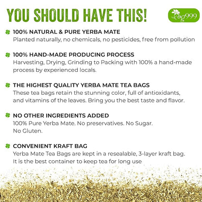 TOG999, 120 Tea Bags Yerba Mate, Hi-Caffeine, Unsmoked Yerba Mate Tea Bags, Super-Green Yerba Mate, No Dust, Fresh - Never Aged (Ilex Paraguariensis), Cultivated from Argentina - Rich in Antioxidants and Plant Nutrients.