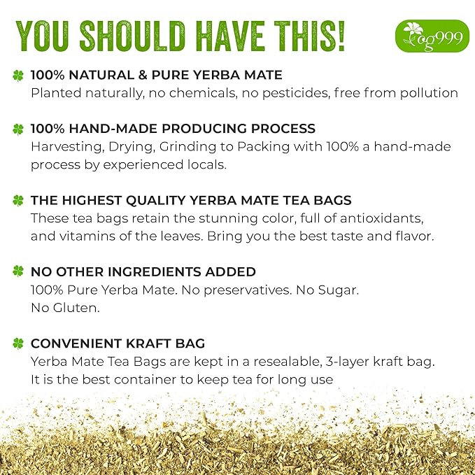 TOG999, 60 Tea Bags Yerba Mate, Hi-Caffeine, Unsmoked Yerba Mate Tea Bags, Super-Green Yerba Mate, No Dust, Fresh - Never Aged (Ilex Paraguariensis), Cultivated from Argentina - Rich in Antioxidants and Plant Nutrients.