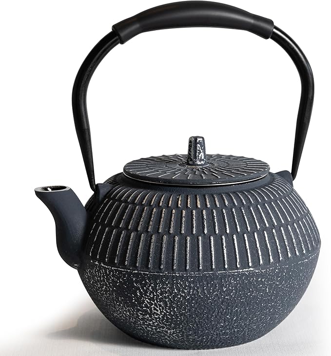 Cast iron Teapot, Tea Kettle for Stovetop Safe with Stainless Steel Infuser, Japanese Hand-made Line Pattern Tea Pot Coated with Enameled Interior for 42oz, 1200ml Dark Blue