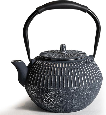 Cast iron Teapot, Tea Kettle for Stovetop Safe with Stainless Steel Infuser, Japanese Hand-made Line Pattern Tea Pot Coated with Enameled Interior for 42oz, 1200ml Dark Blue