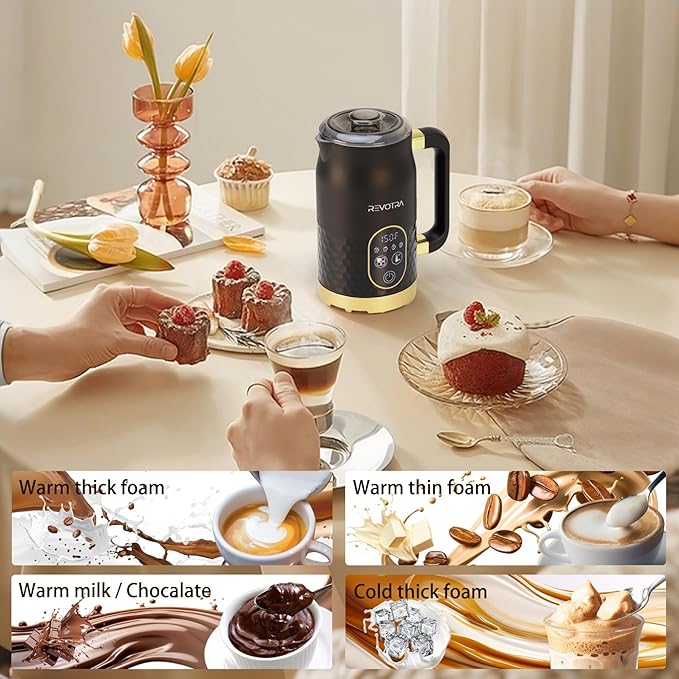 Milk Frother, 4-in-1 Electric Foam Maker with Touchscreen & Temp Display, Hot & Cold Milk Steamer with Non-Stick Coating, Silent Operation for Coffee, Latte, Cappuccino, Matcha, Hot Chocolate
