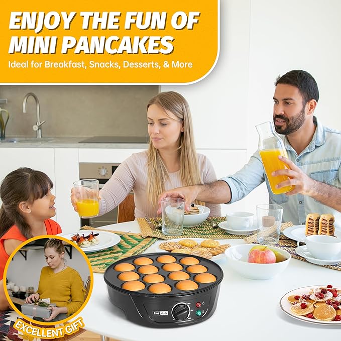Non Stick Pancakes Maker Machine, Electric Poffertjes Pan with Browning Control, Mini Ebelskiver Aebleskiver Pan, Dutch Pancake Maker, with Brush & Forks, 14 Slots, Black