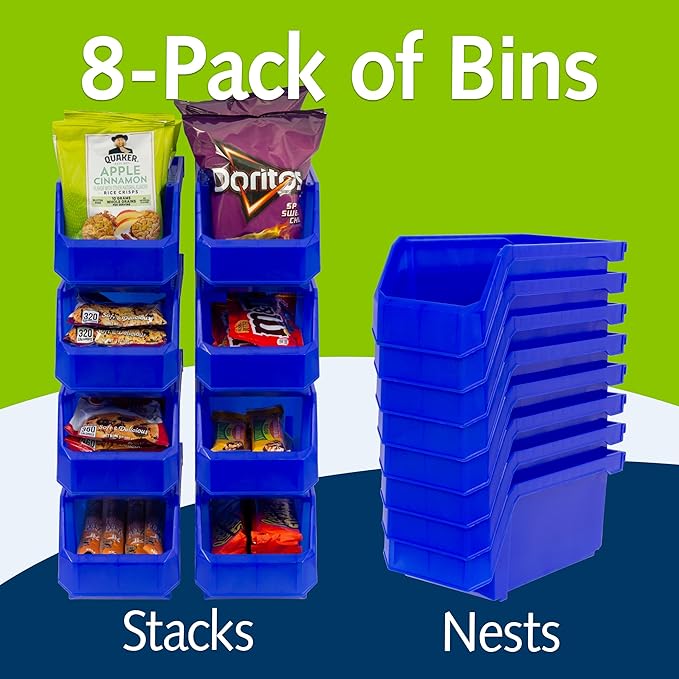 Plastic Containers for Organizing and Storage Bins for Closet, Kitchen, Office, Garage or Pantry Organization, Stackable Bins, Medium (11" x 5" x 5.5"), 8-Pack, Blue