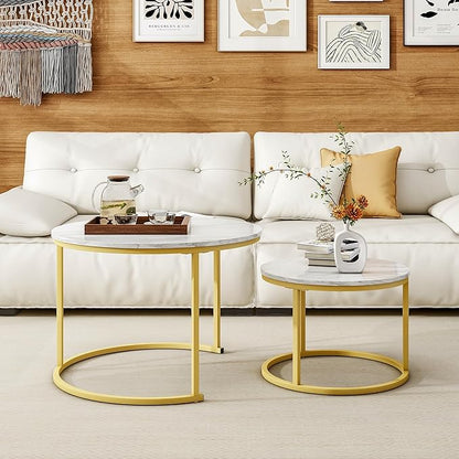 Round Coffee Table Set of 2 End Tables for Living Room,Circular and Marble Nesting Coffee Table Wooden Accent Furniture with Golden Metal Frame,Stacking Side Tables,White