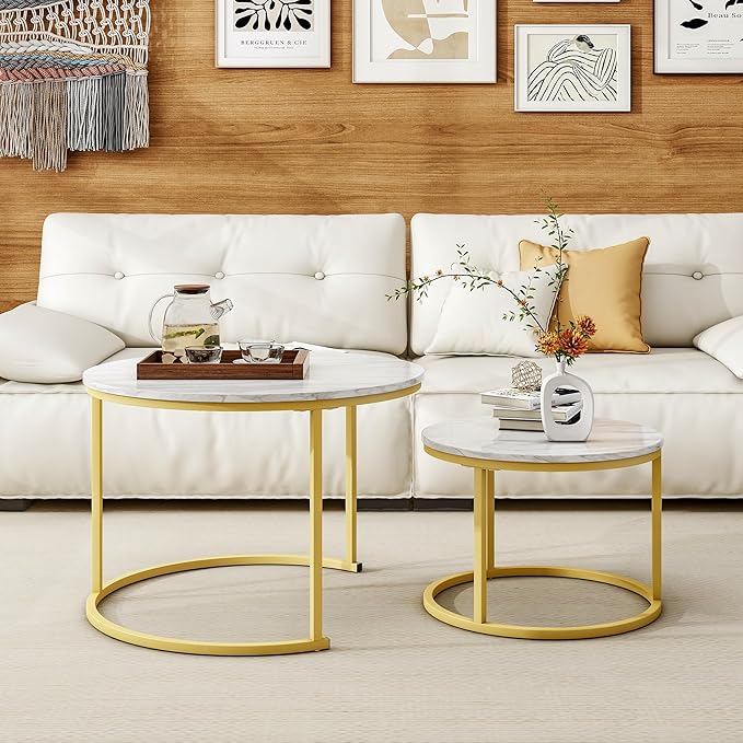 Round Coffee Table Set of 2 End Tables for Living Room,Circular and Marble Nesting Coffee Table Wooden Accent Furniture with Golden Metal Frame,Stacking Side Tables,White
