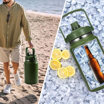 1 Gallon Thermosflask with Straw, 135oz Stainless Steel Insulated Water Bottle，4L Oversized Double Wall Vacuum Jug with Handle for Hot Cold Drinks, Wide mouth Icebuckets for Hiking Sports(Green)