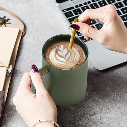 Coffee Mugs Matte Frosted Porcelain Tea Cup Home Office Restaurant Drinking Cups with Long Small Cute Coffee Spoons, Set of 2, 2 Mugs 2 Spoons, Safe for Microwave & Dishwasher, Gift Ideas, Green/Gold