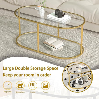 Coffee Table Gold Glass Coffee Table for Living Room,2 Tiers Oval Center Table with Sturdy Metal Frame,Modern Tempered Glass Accent Table for Bedroom Home Office