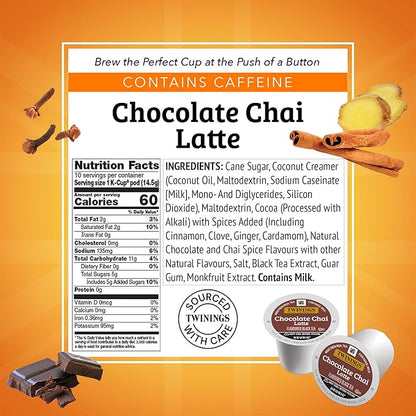 NEW Twinings Chocolate Chai Latte Tea 60 K-Cup Pods for Keurig, 10 Count (Pack of 6), Velvety Smooth Cocoa with Real Spiced Tea, Caffeinated, Enjoy Hot or Iced