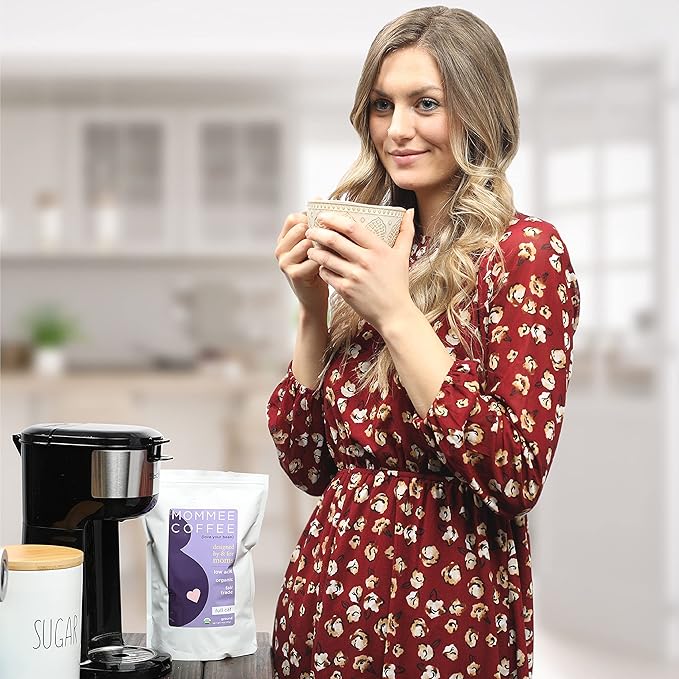 Mommee Coffee Full Caf Ground Low Acid Coffee - 100% Arabica Organic Coffee Beans with Smooth Caramel Flavor - Medium Grind for Drip, Reusable One Cup Filters - 11 oz